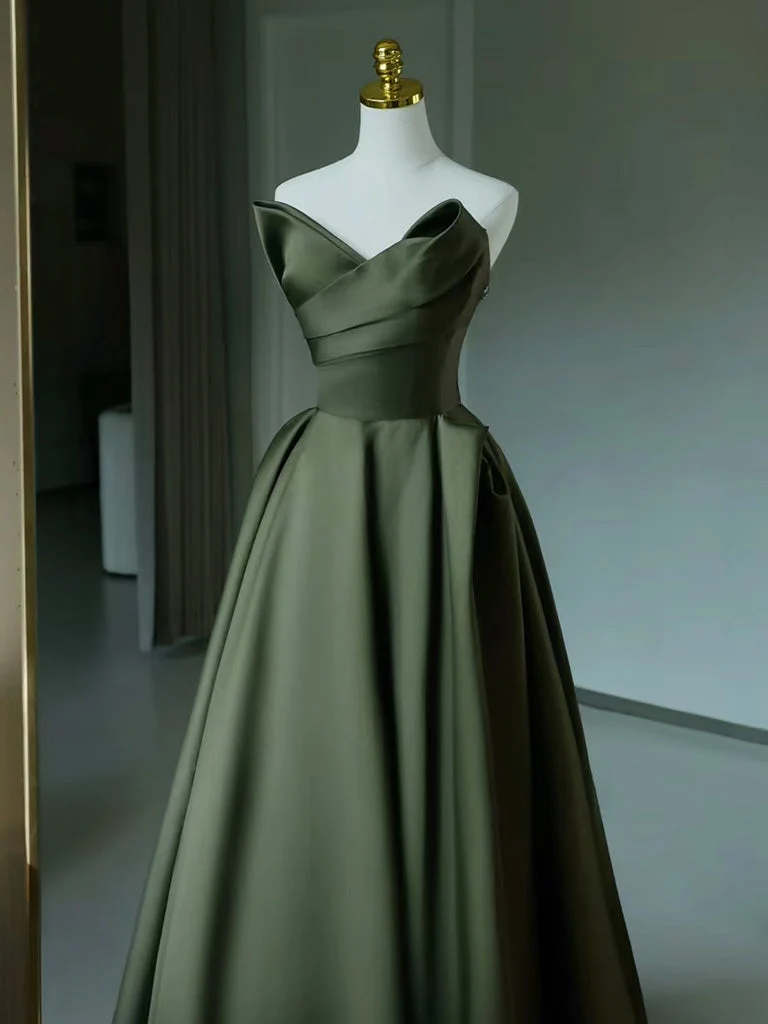 Robe de soirée longue en satin vert, élégante, coupe trapèze, col en V