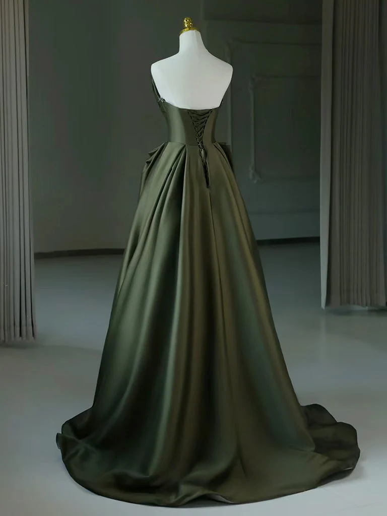 Robe de soirée longue en satin vert, élégante, coupe trapèze, col en V