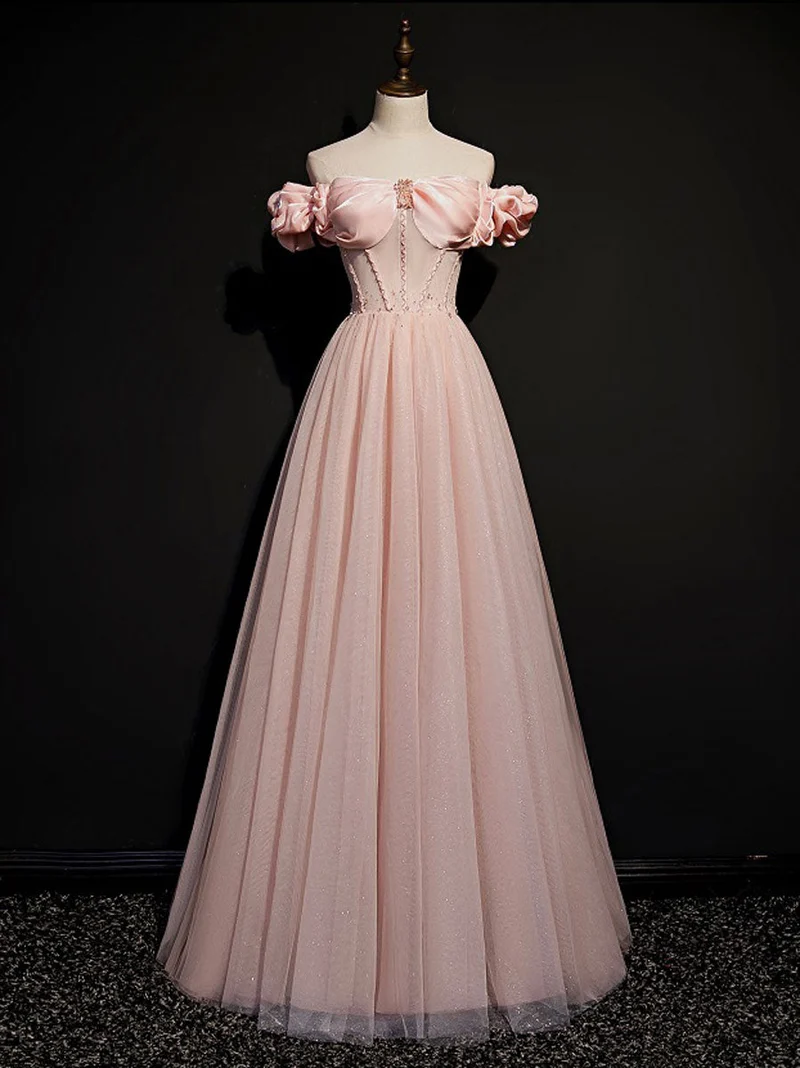 Robe de bal longue transparente en tulle rose à épaules dénudées