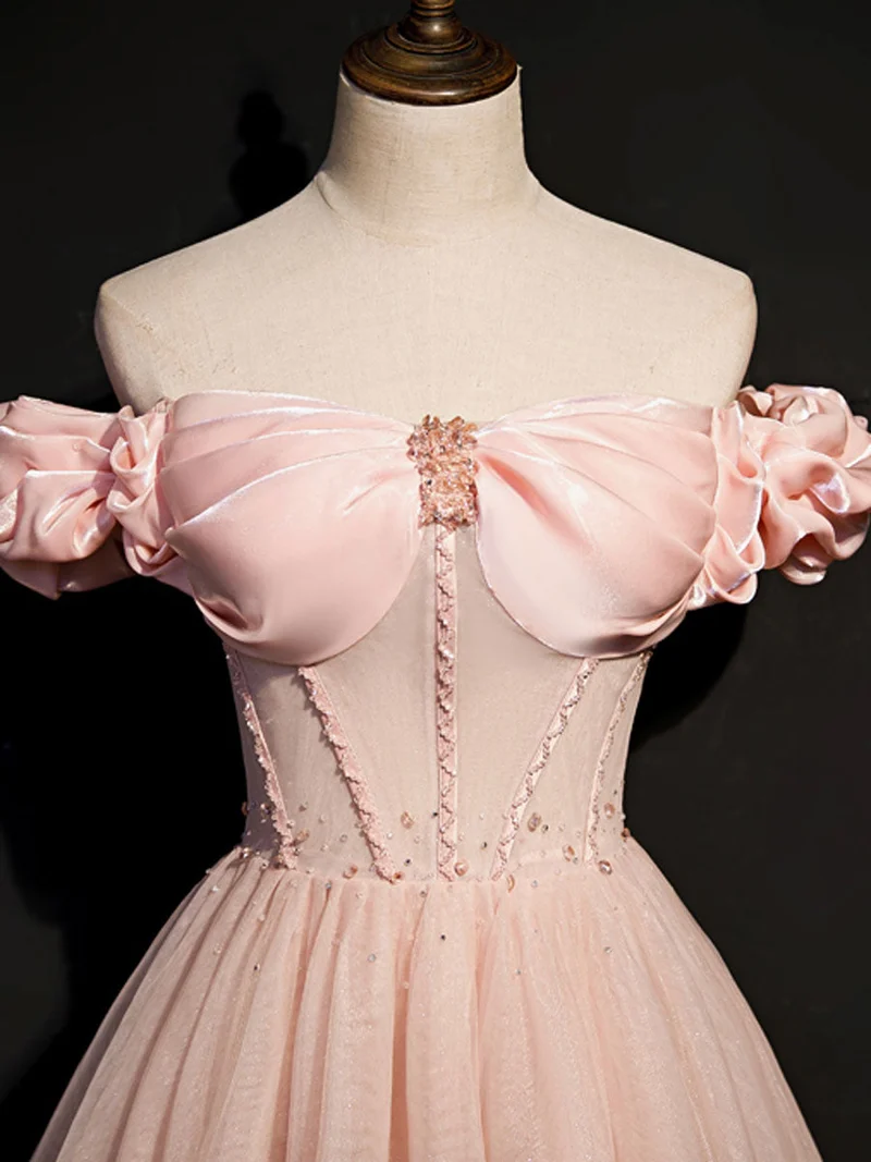 Robe de bal longue transparente en tulle rose à épaules dénudées