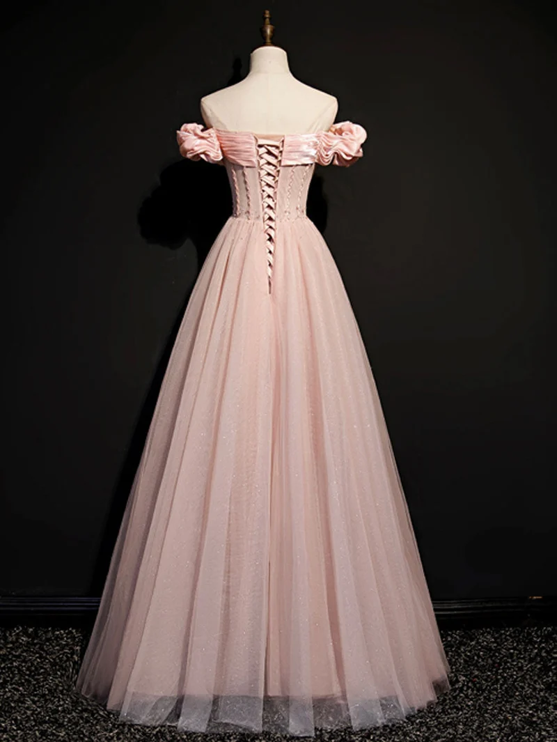 Robe de bal longue transparente en tulle rose à épaules dénudées