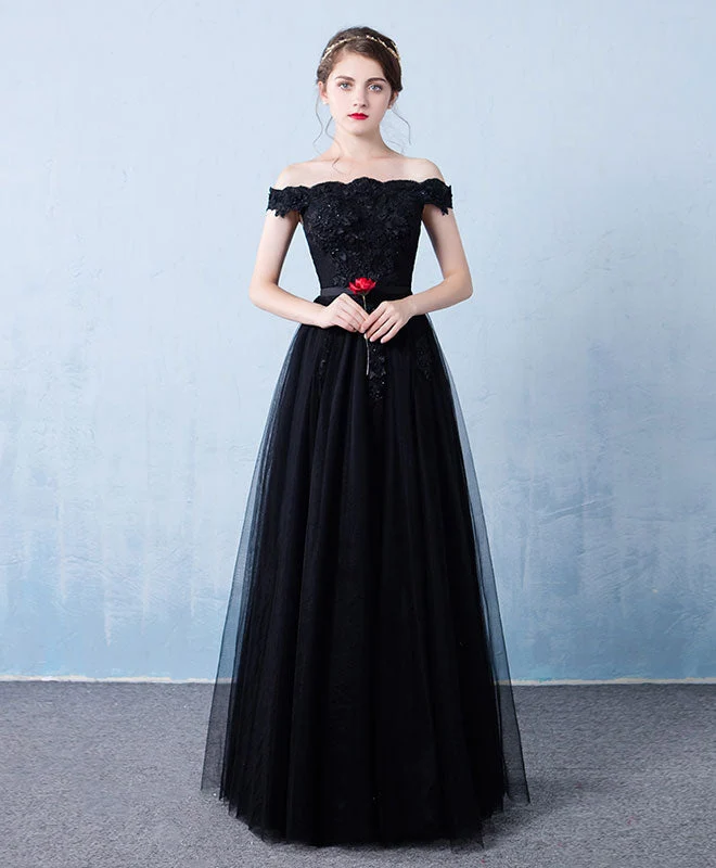 Robe de soirée longue en tulle bleu à épaules dénudées et dentelle