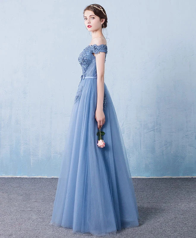 Robe de soirée longue en tulle bleu à épaules dénudées et dentelle