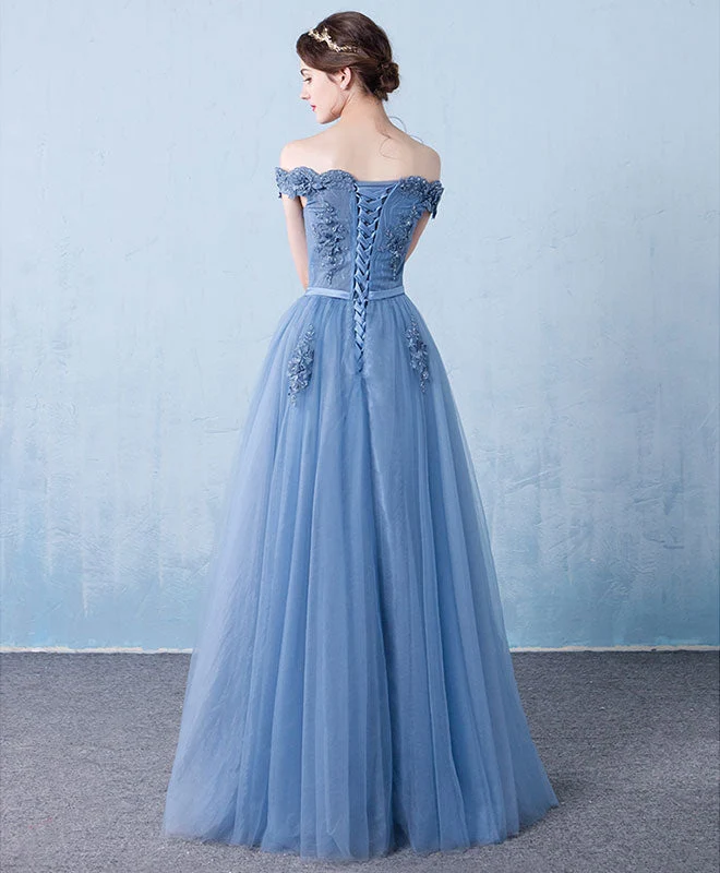 Robe de soirée longue en tulle bleu à épaules dénudées et dentelle