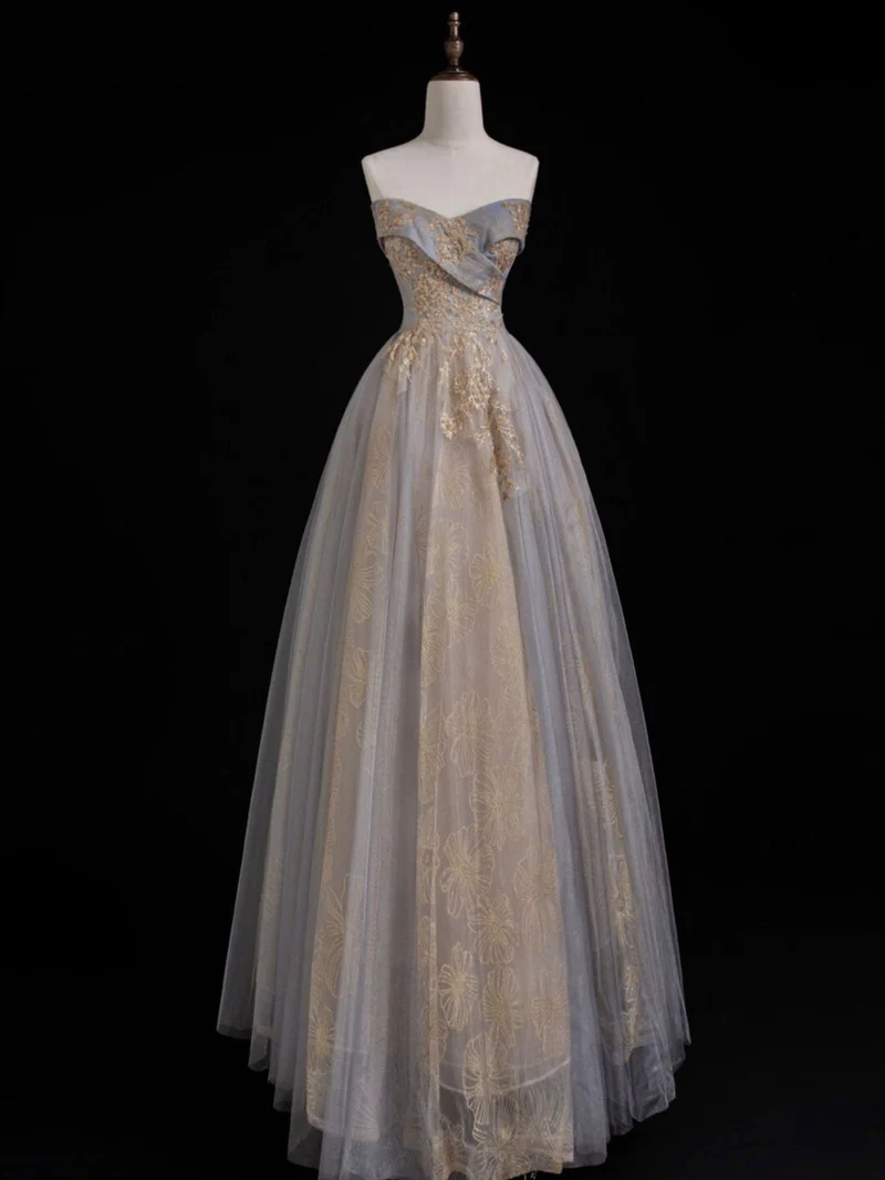 Robe de bal longue grise et bleue élégante avec décolleté en cœur