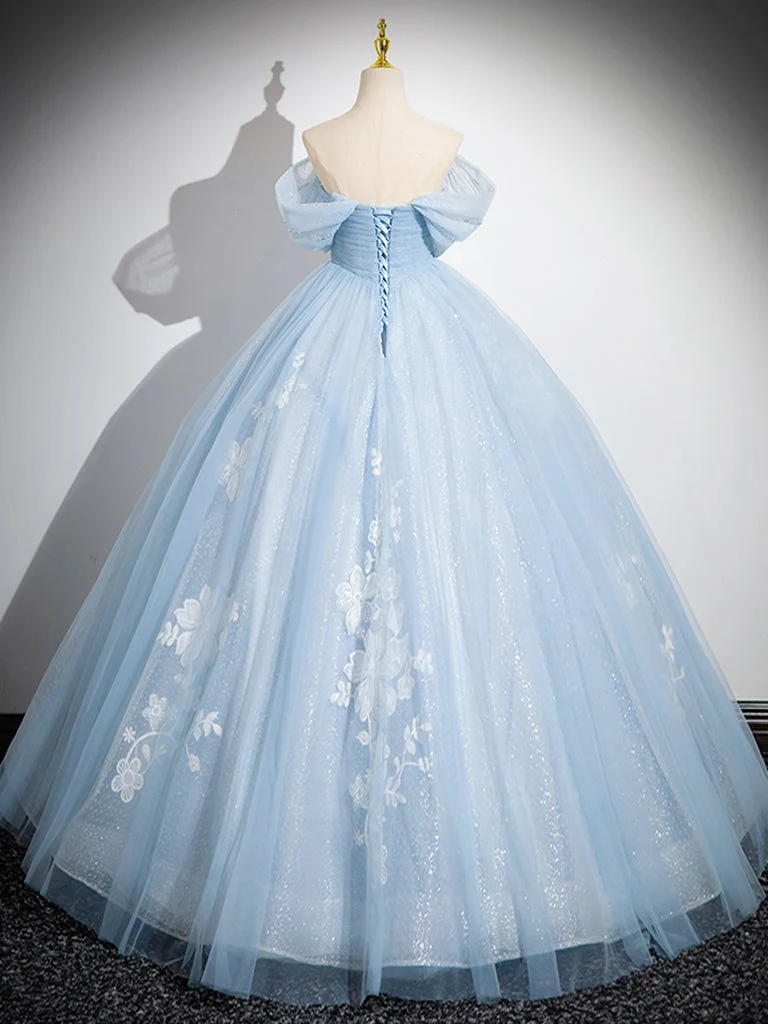 Belle robe de bal longue bleue à épaules dénudées, en tulle et dentelle, pour les 16 ans