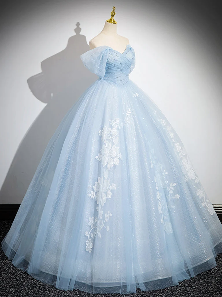 Belle robe de bal longue bleue à épaules dénudées, en tulle et dentelle, pour les 16 ans