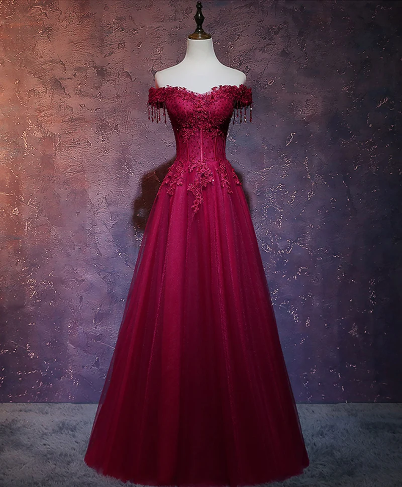 Robe de soirée longue bordeaux en tulle et dentelle à épaules dénudées