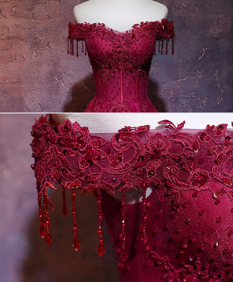 Robe de soirée longue bordeaux en tulle et dentelle à épaules dénudées