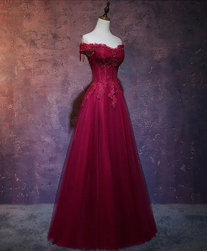 Robe de soirée longue bordeaux en tulle et dentelle à épaules dénudées