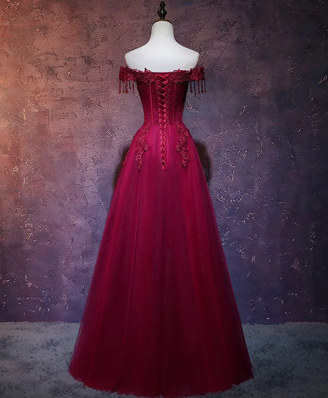 Robe de soirée longue bordeaux en tulle et dentelle à épaules dénudées