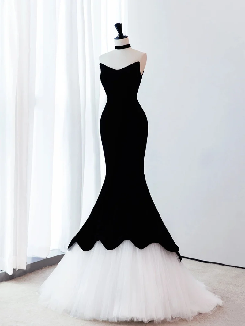 Robe de soirée longue sirène élégante en velours noir et blanc