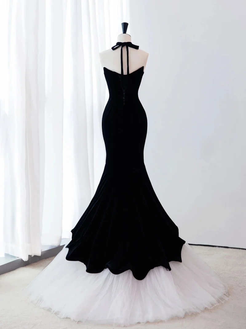 Robe de soirée longue sirène élégante en velours noir et blanc