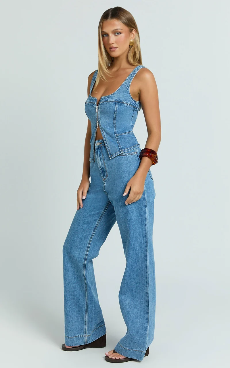 Bellerose Top - Front Zip Denim Fitted Top in Mid Blue