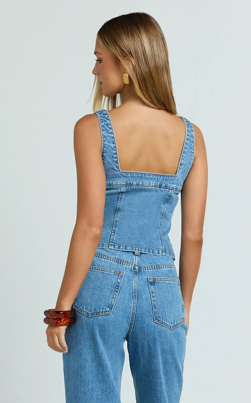 Bellerose Top - Front Zip Denim Fitted Top in Mid Blue