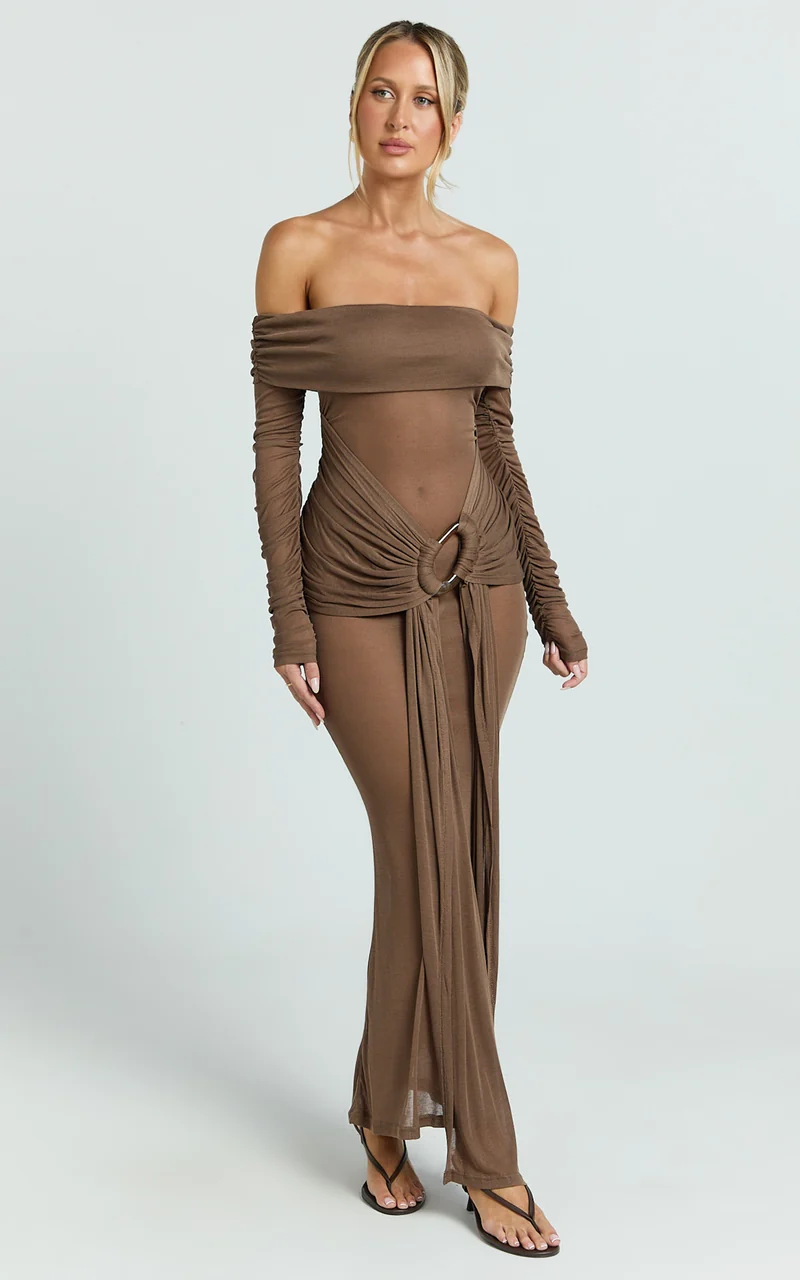 Velma Maxi Dress - Jersey Long Sleeve Off Shoulder Twist Skirt Dress in Brown