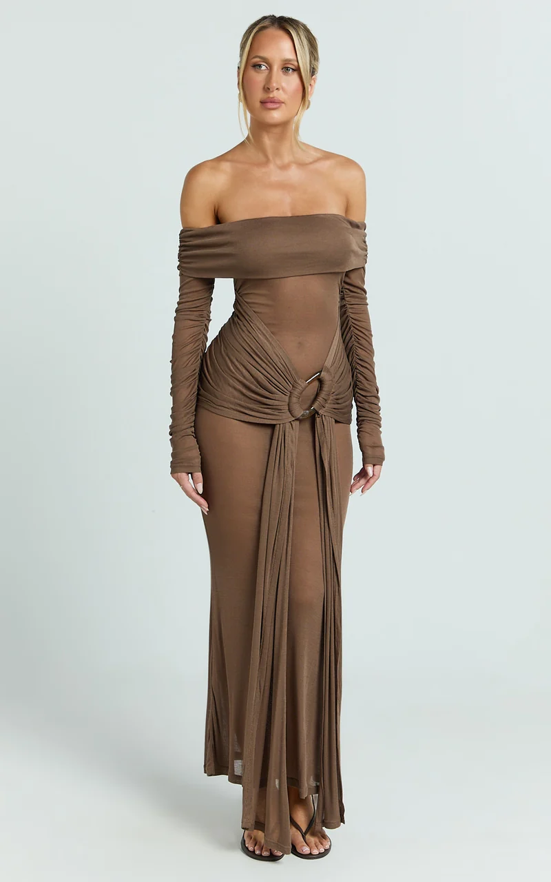 Velma Maxi Dress - Jersey Long Sleeve Off Shoulder Twist Skirt Dress in Brown
