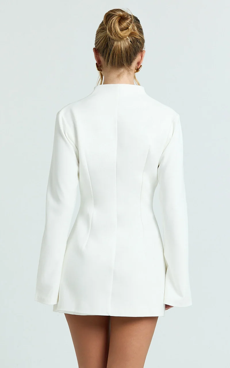 Layton Mini Dress - V Neck Long Sleeve Button Front Tulip Skirt Dress in White
