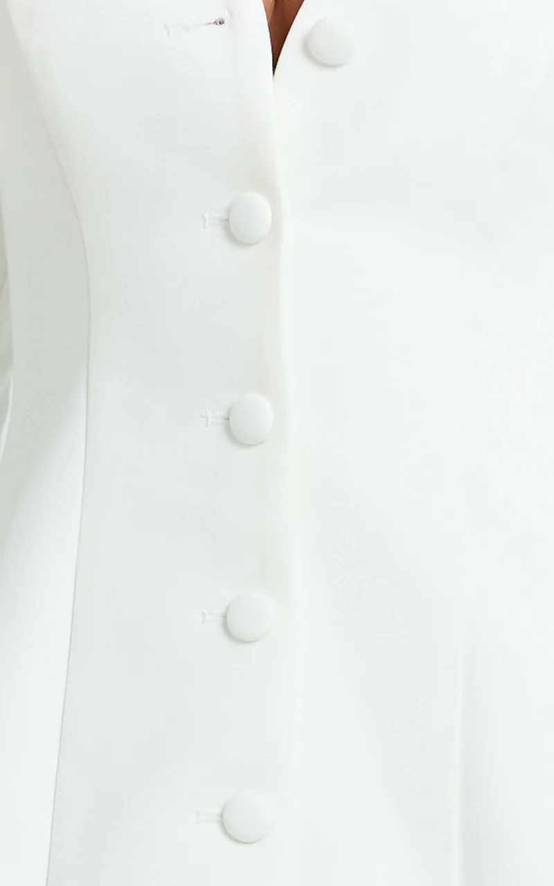 Layton Mini Dress - V Neck Long Sleeve Button Front Tulip Skirt Dress in White