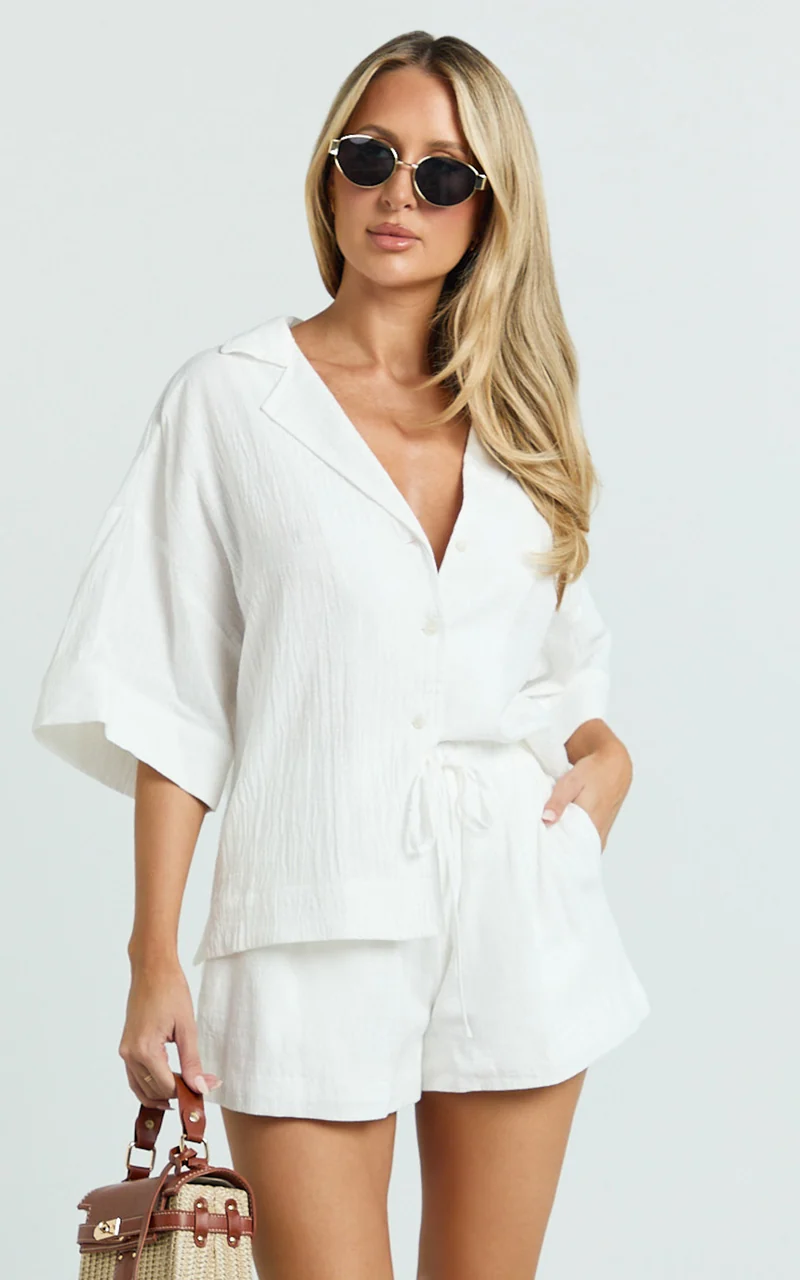 Saina Two Piece Set - Button Through Shirt and Drawstring Shorts Set in White