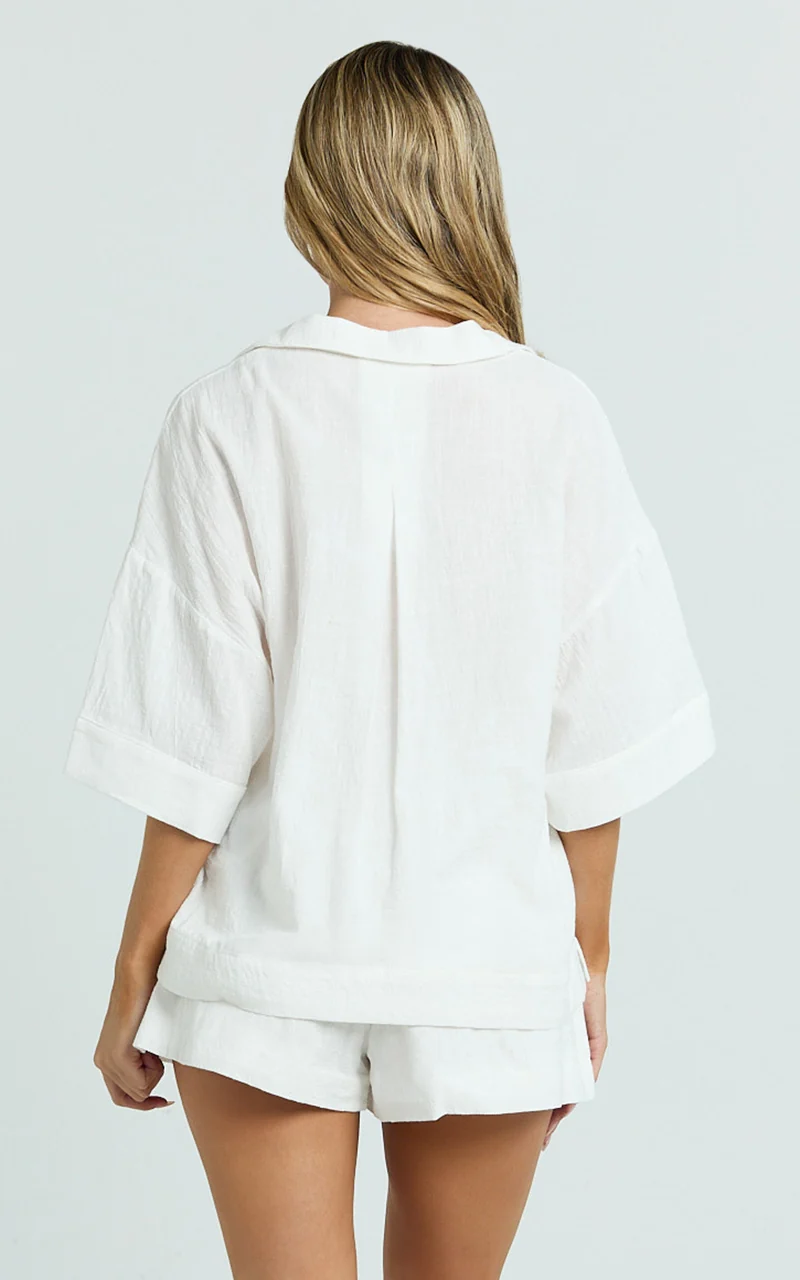 Saina Two Piece Set - Button Through Shirt and Drawstring Shorts Set in White
