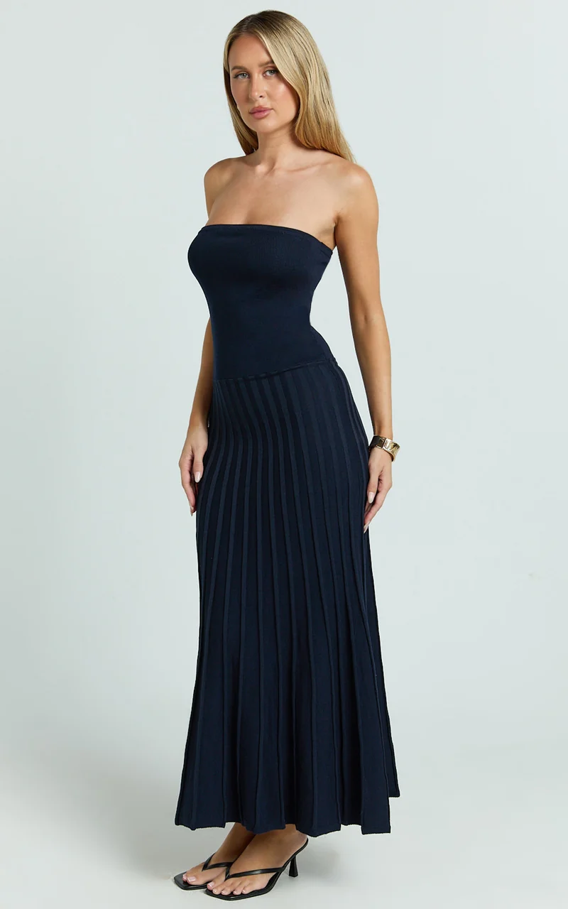 Paris Midi Dress - Strapless Drop Waist Pleated Knit Dress in Navy