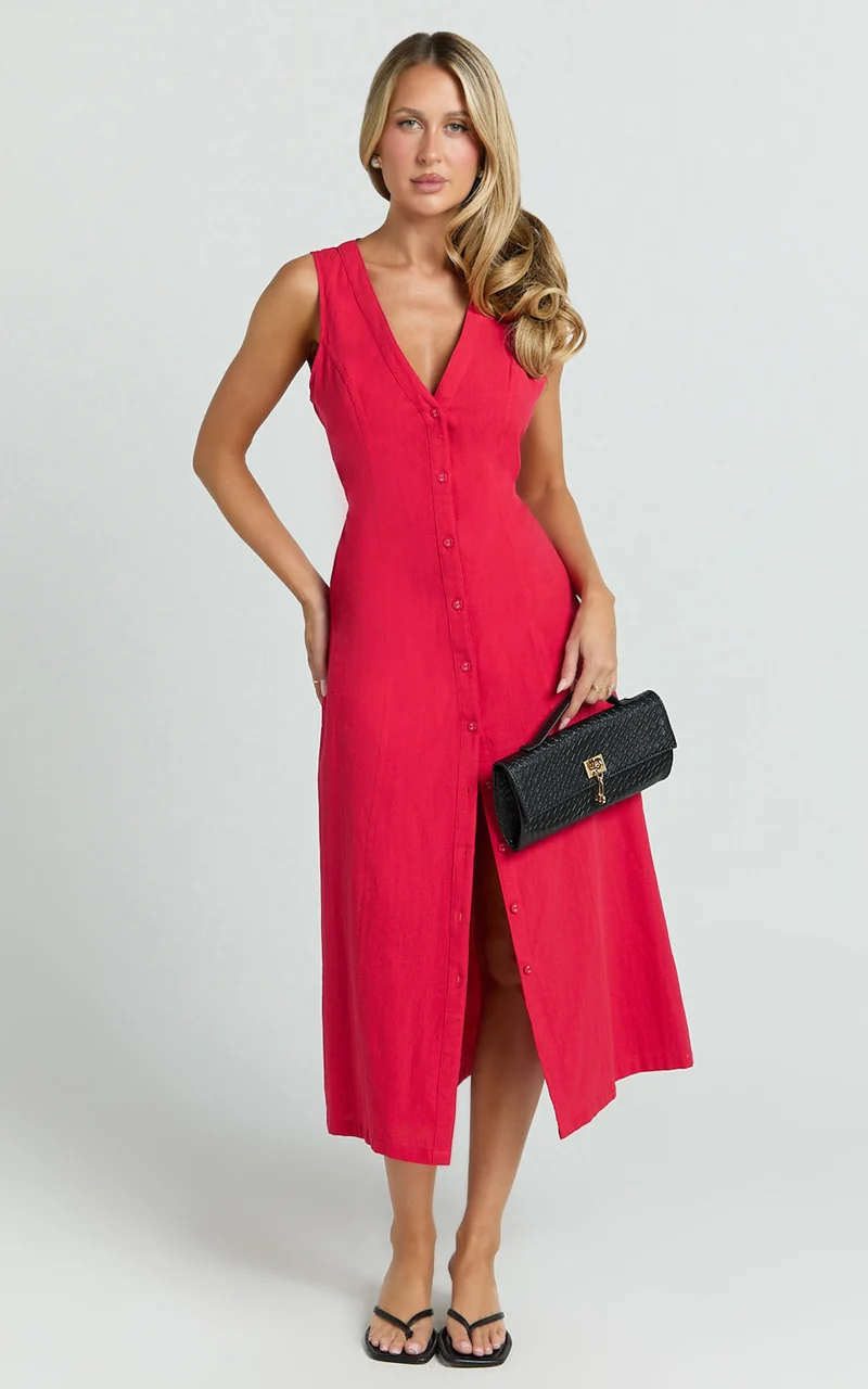 Juliet Midi Dress - Button Through V Neck Dress in Red