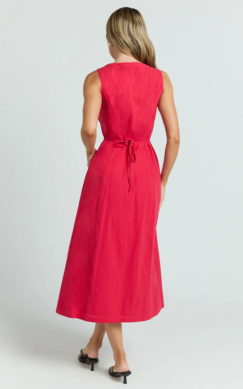 Juliet Midi Dress - Button Through V Neck Dress in Red