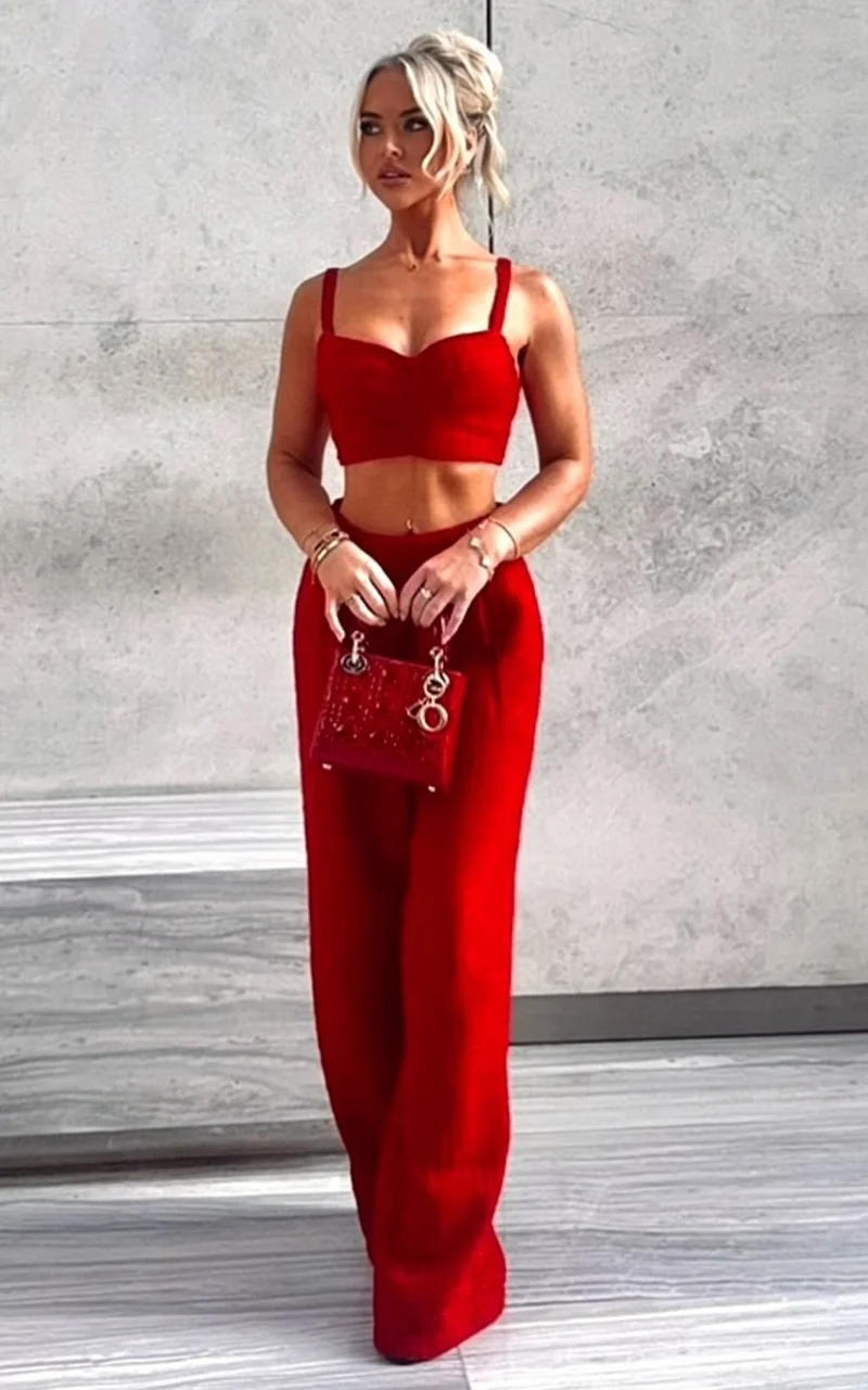 Sylvia Two Piece Set - Corset Top and High Waisted Wide Leg Pants Set in Red