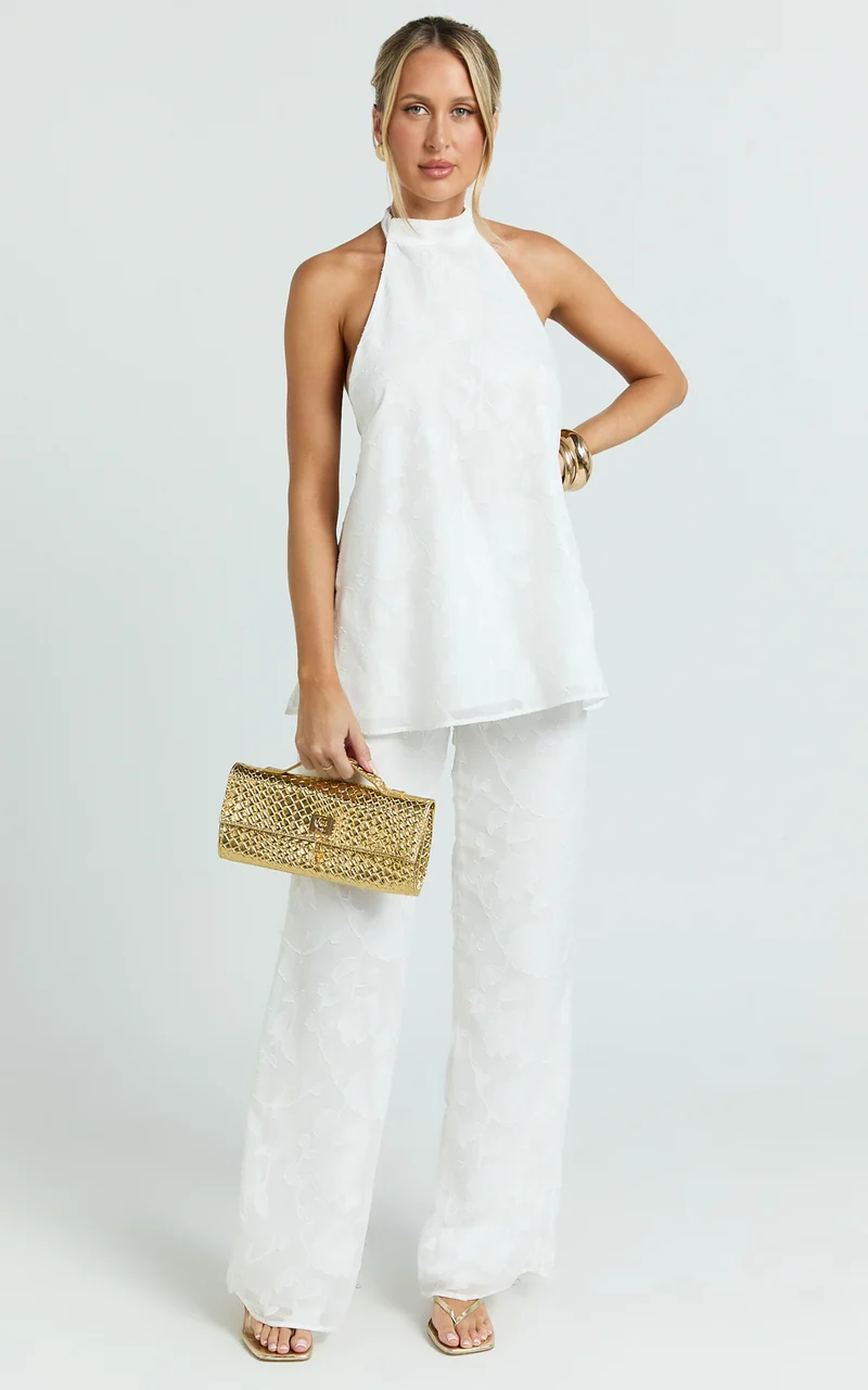 Ziva Two Piece Top and Pants Set - Halter Backless Top And Pants in White