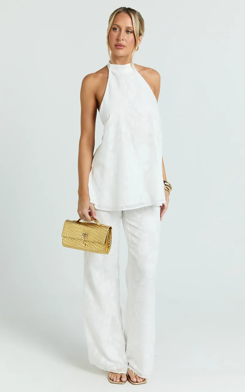 Ziva Two Piece Top and Pants Set - Halter Backless Top And Pants in White