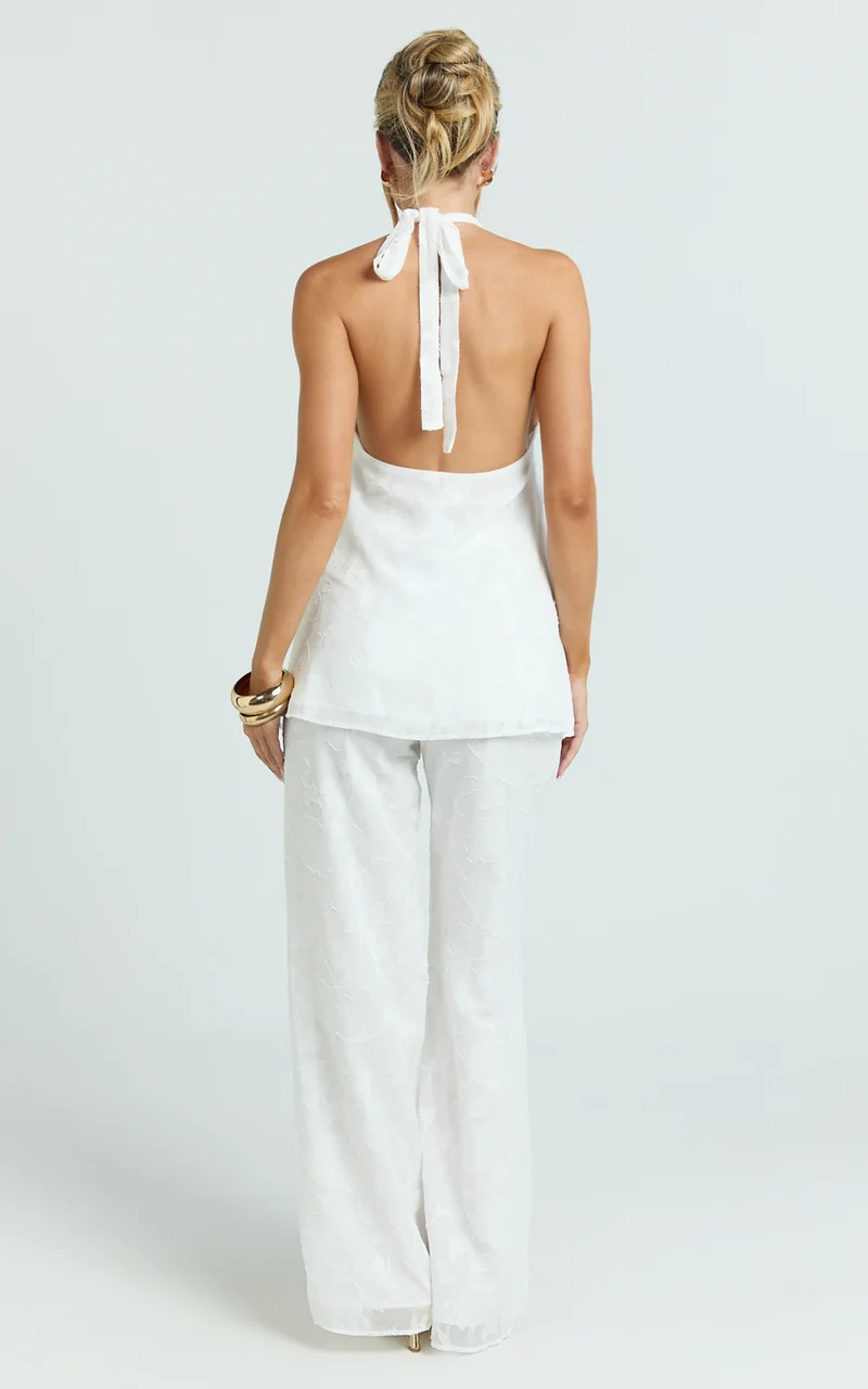 Ziva Two Piece Top and Pants Set - Halter Backless Top And Pants in White