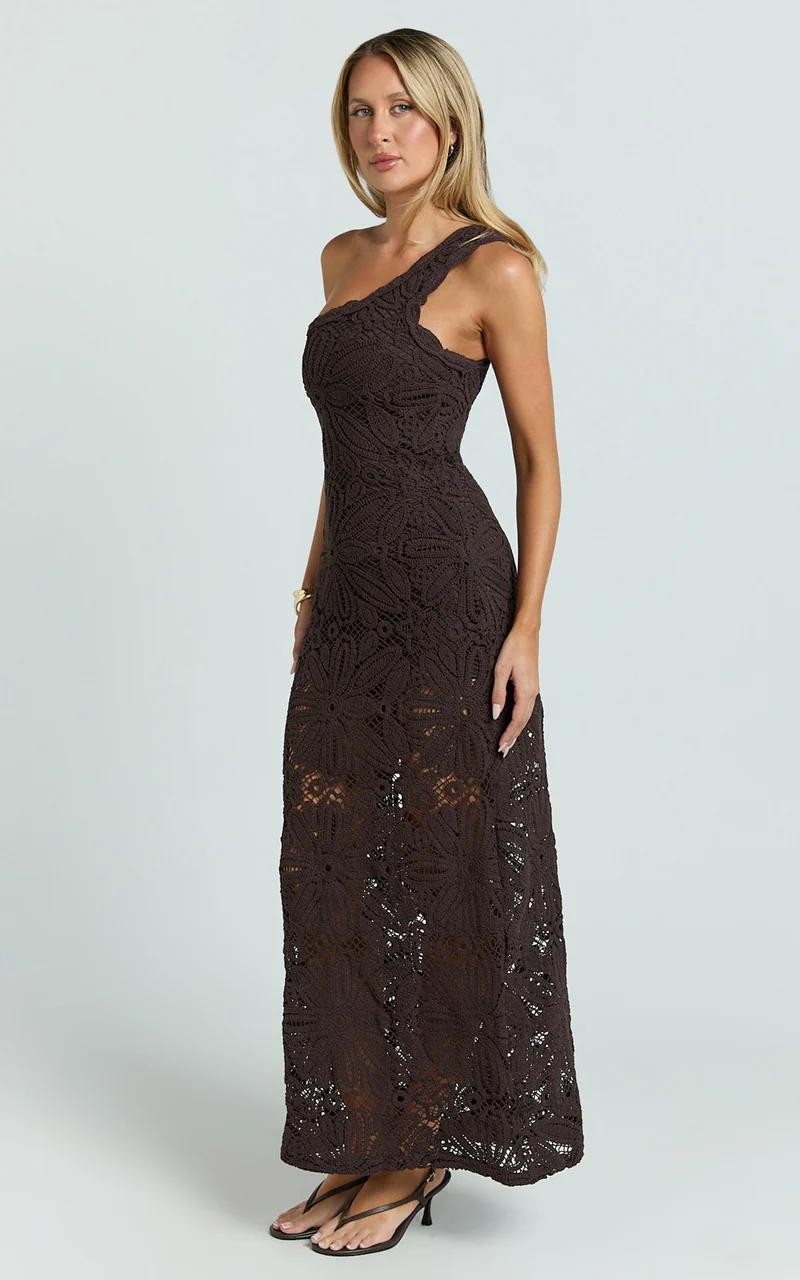 Charlene Maxi Dress - Crochet Knitted One Shoulder Maxi Dress in Chocolate