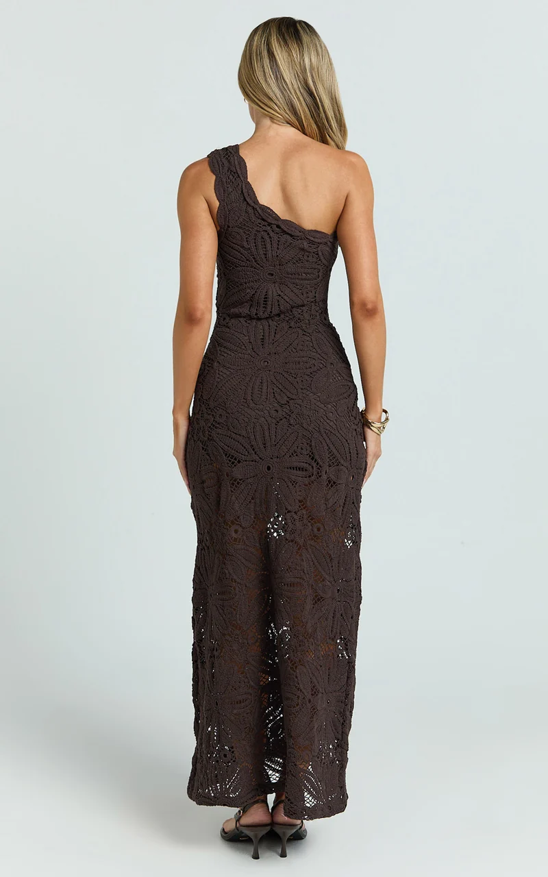 Charlene Maxi Dress - Crochet Knitted One Shoulder Maxi Dress in Chocolate