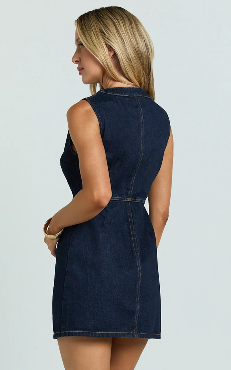 Stephanie Mini Dress Scoop Neck Recycled Denim Dress with Hardware in Raw Indigo
