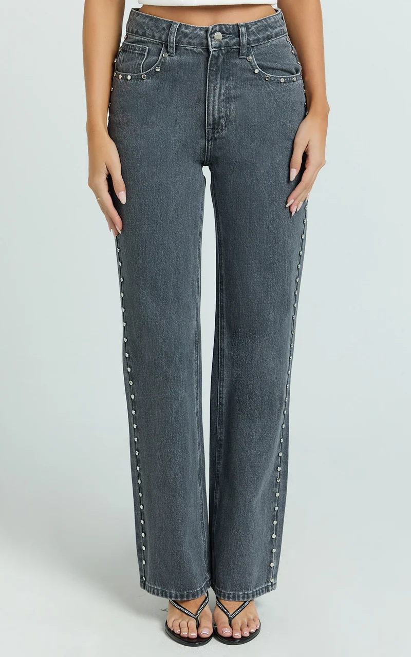 Emmie Jeans - Mid Rise Straight Leg Stud Detail Denim Jeans in Dark Grey