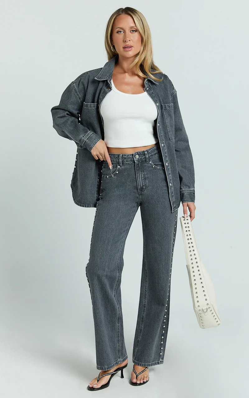 Emmie Jeans - Mid Rise Straight Leg Stud Detail Denim Jeans in Dark Grey