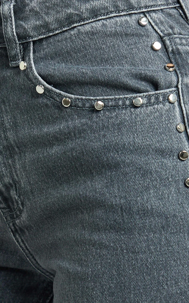 Emmie Jeans - Mid Rise Straight Leg Stud Detail Denim Jeans in Dark Grey