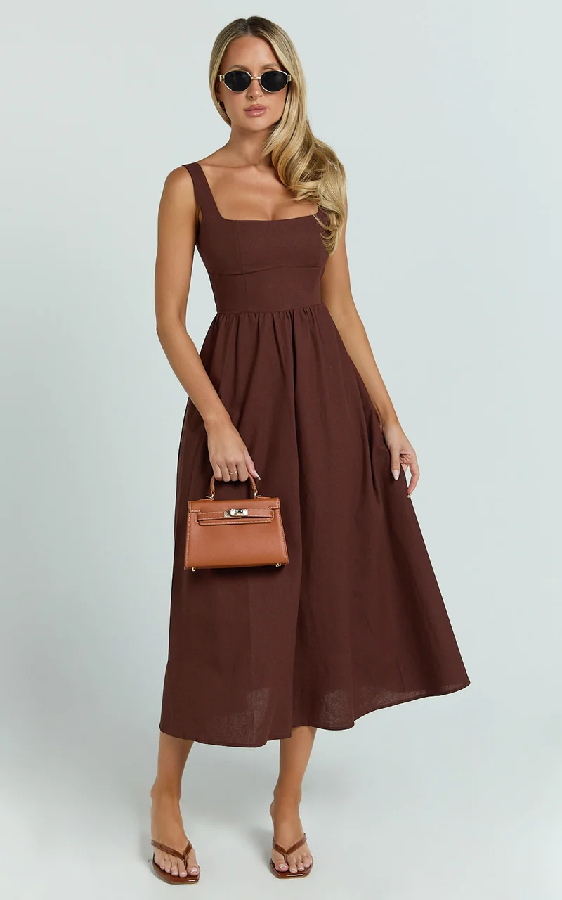 Khari Midi Dress - Linen Look Square A Line Dress in Chocolate