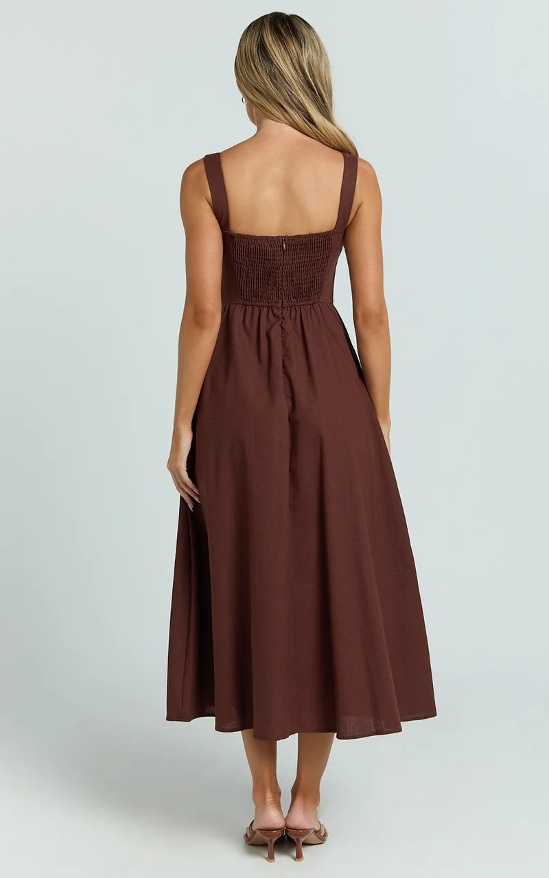 Khari Midi Dress - Linen Look Square A Line Dress in Chocolate