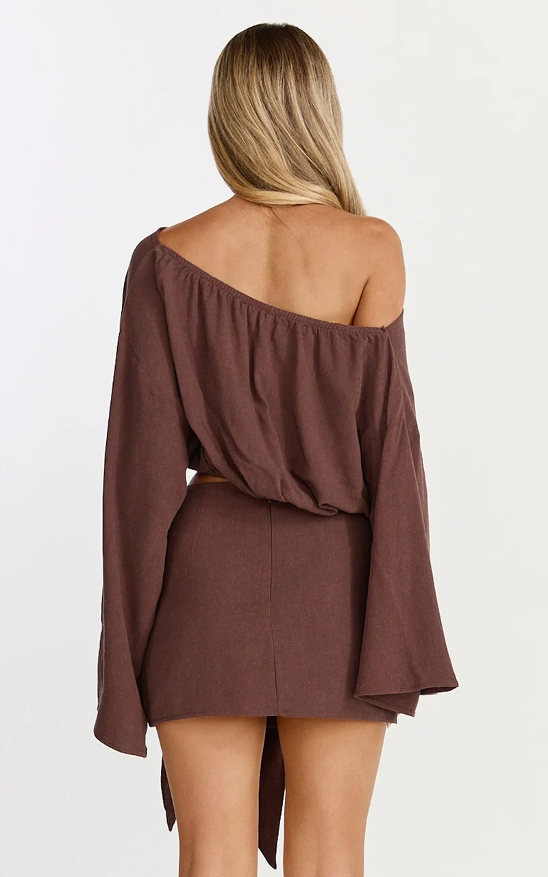 Elly Two Piece Top and Skirt Set - Asym Long Sleeve Top and Wrap Mini Skirt Set in Chocolate
