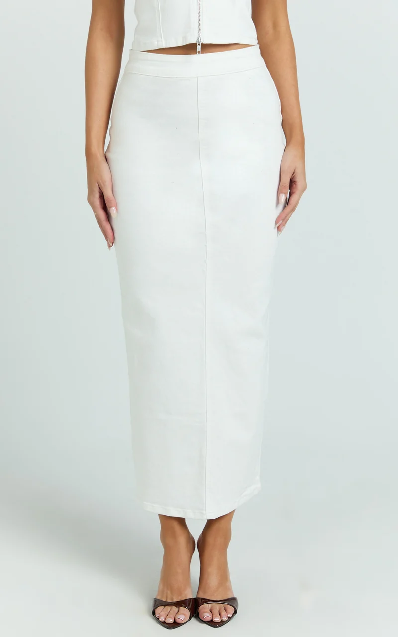 Sahara Maxi Skirt - Mid Waist Denim Maxi Skirt in Ecru