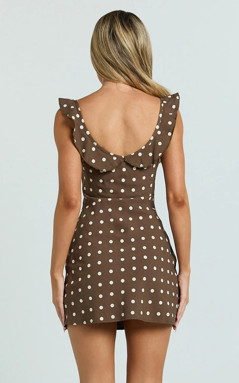 Isla Mini Dress - Ruffle Sleeve A Line Dress in Chocolate Polka Dot