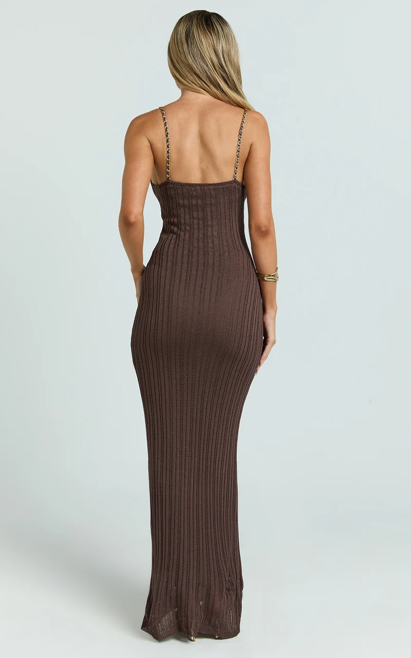 Shailene Maxi Dress - Chain Strap Scoop Neck Knitted Maxi Dress in Chocolate