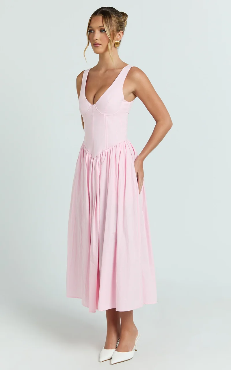 Beckett Midi Dress - Scoop Neck Drop V Waist Gathered Skirt Dress in Pink