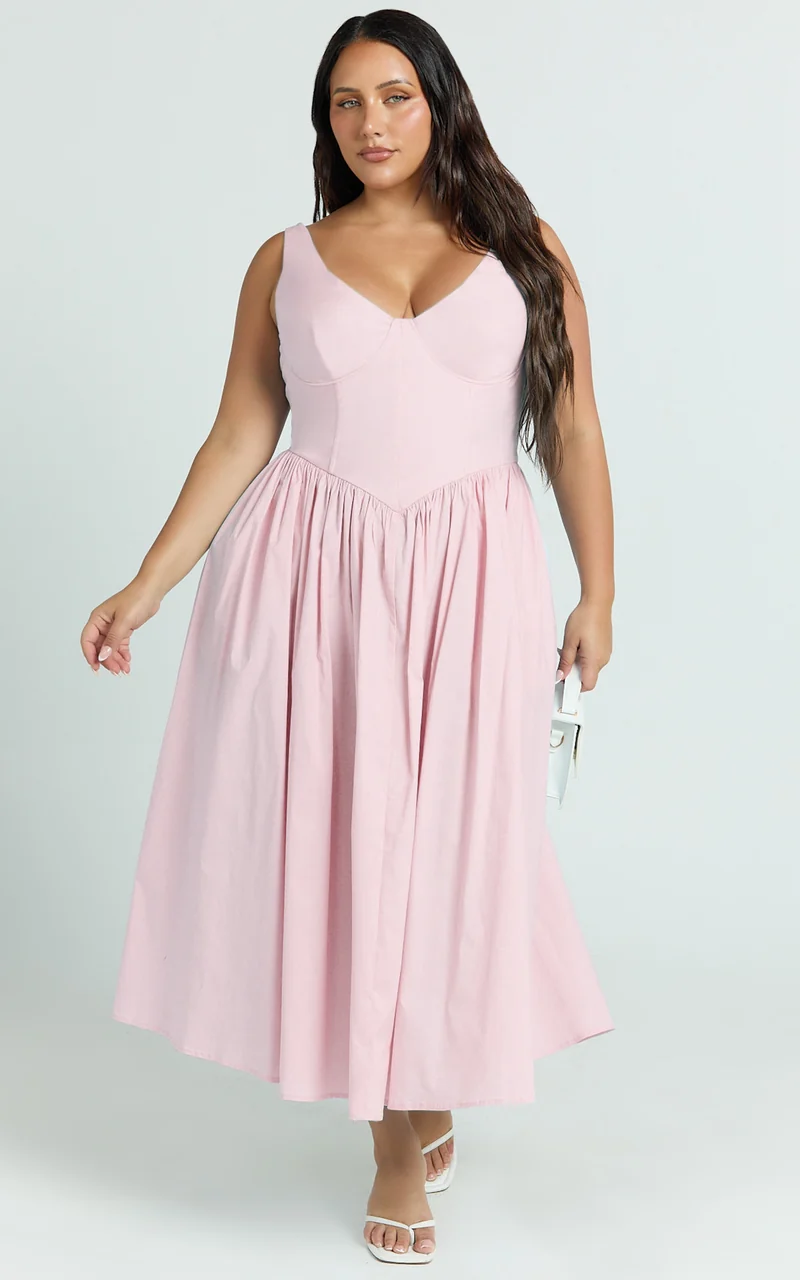 Beckett Midi Dress - Scoop Neck Drop V Waist Gathered Skirt Dress in Pink