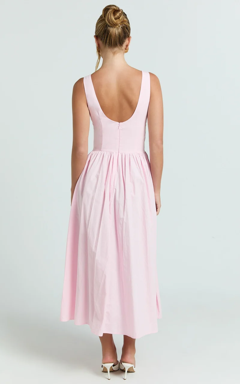 Beckett Midi Dress - Scoop Neck Drop V Waist Gathered Skirt Dress in Pink