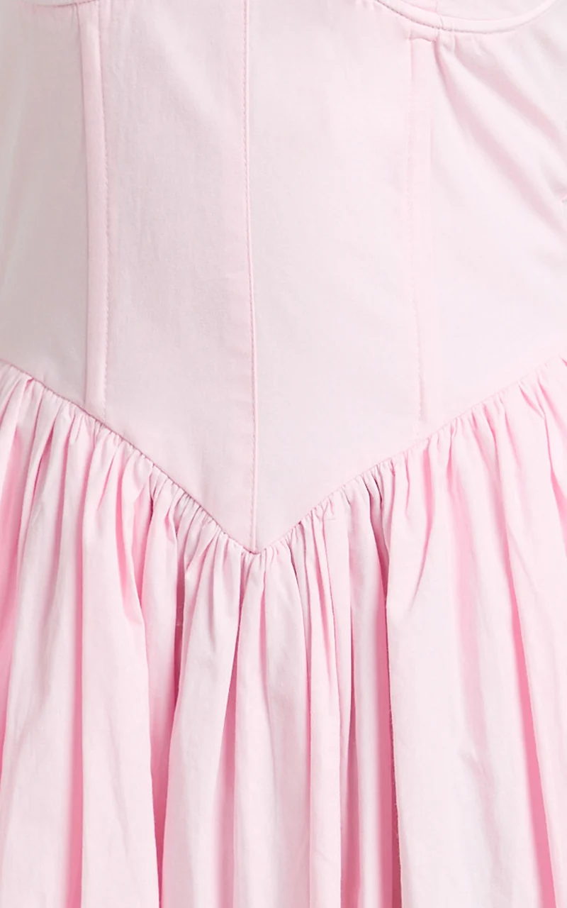 Beckett Midi Dress - Scoop Neck Drop V Waist Gathered Skirt Dress in Pink