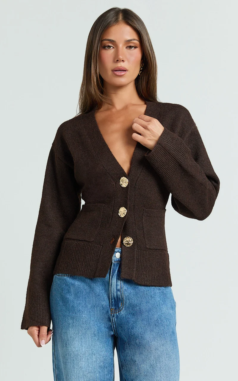 Nerissa Cardigan - V Neck Recycled Knit Contoured Cardigan in Chocolate