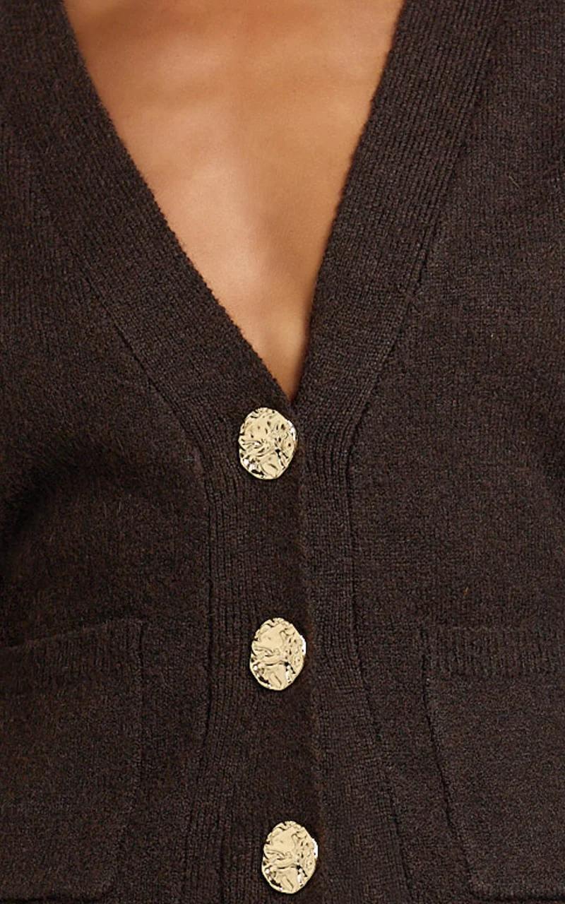 Nerissa Cardigan - V Neck Recycled Knit Contoured Cardigan in Chocolate